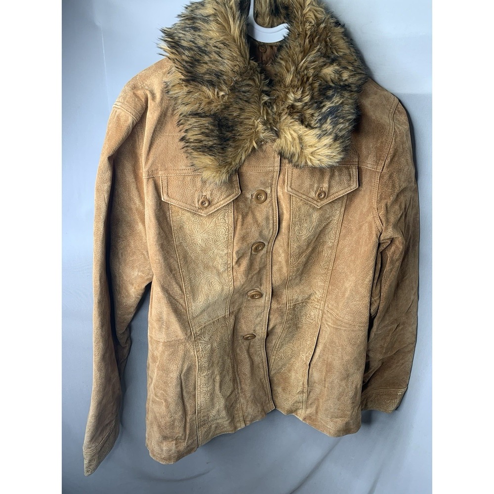 Women's XL STATIC Leather Tan Coat Fur Collar Engraved Unique Button Down Vtg
